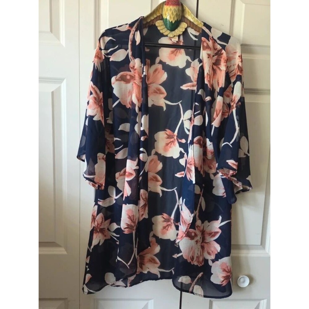 Lara Fashion Navy Peach Floral Open-Front Kimono L XL